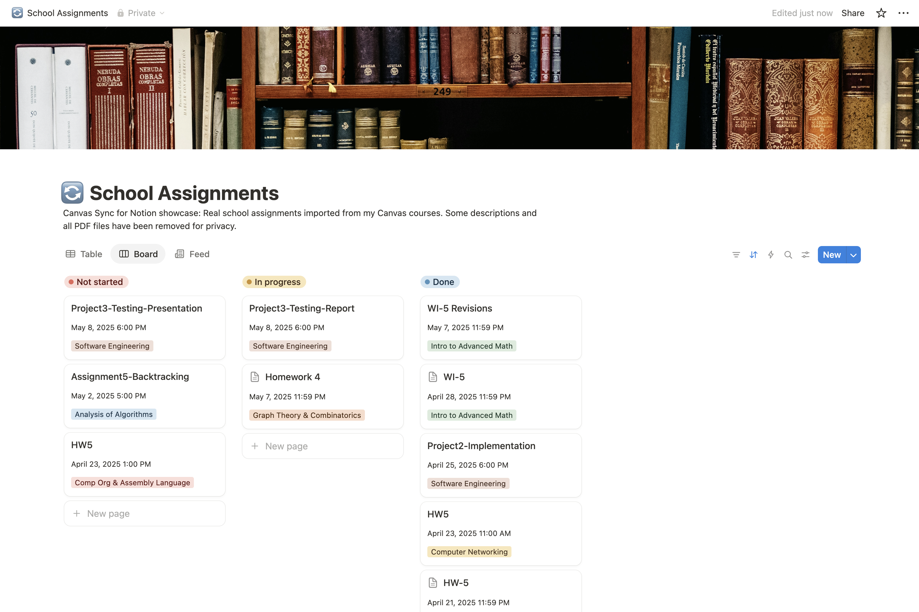 Example assignment tracker in Notion